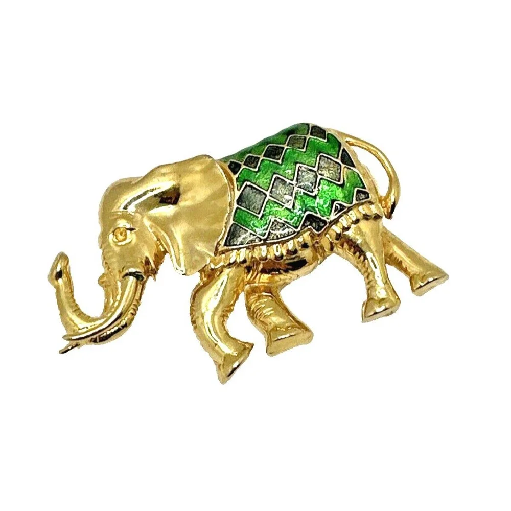 Vintage Indian Elephant Brooch Diamond Pattern Green Enamel Gold Tone Pin 3